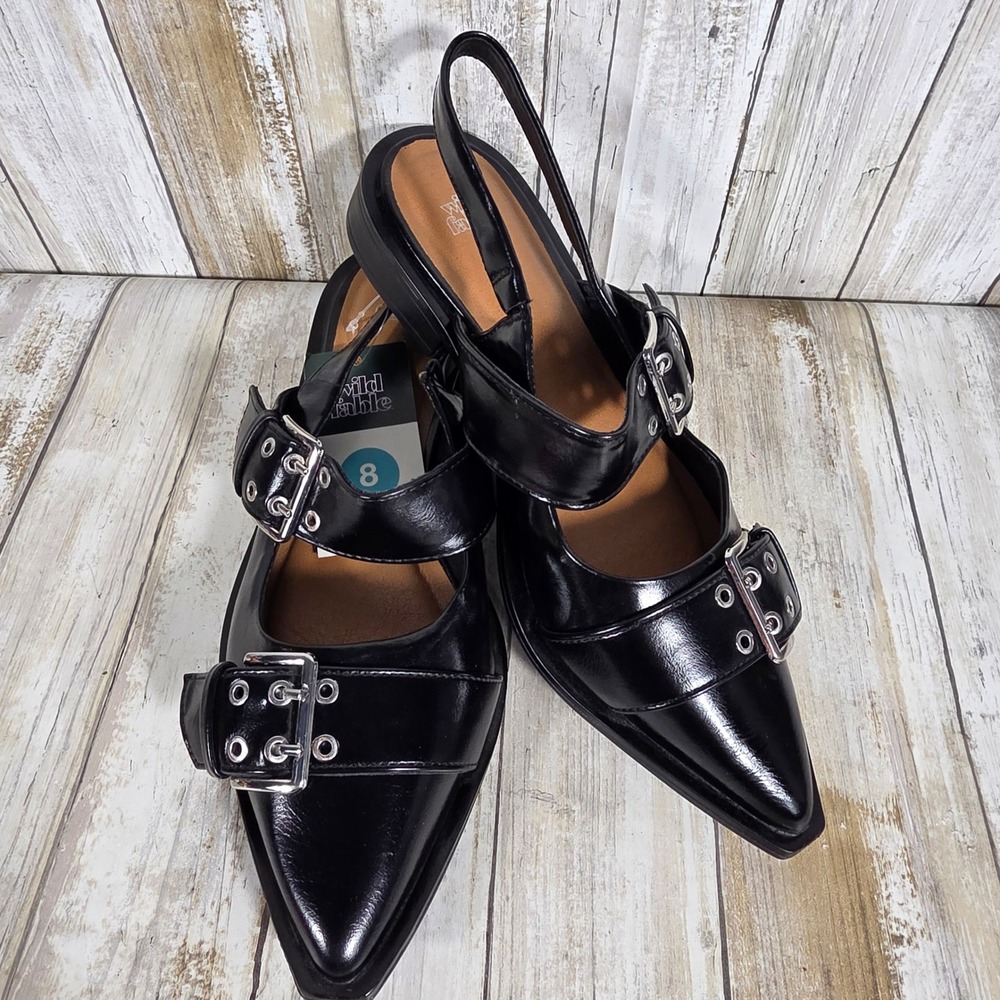 Wild Fable Black Pointed Toe Buckle Slingback Flat Grommet Punk Shoes Size 8 NWT - Picture 5 of 10